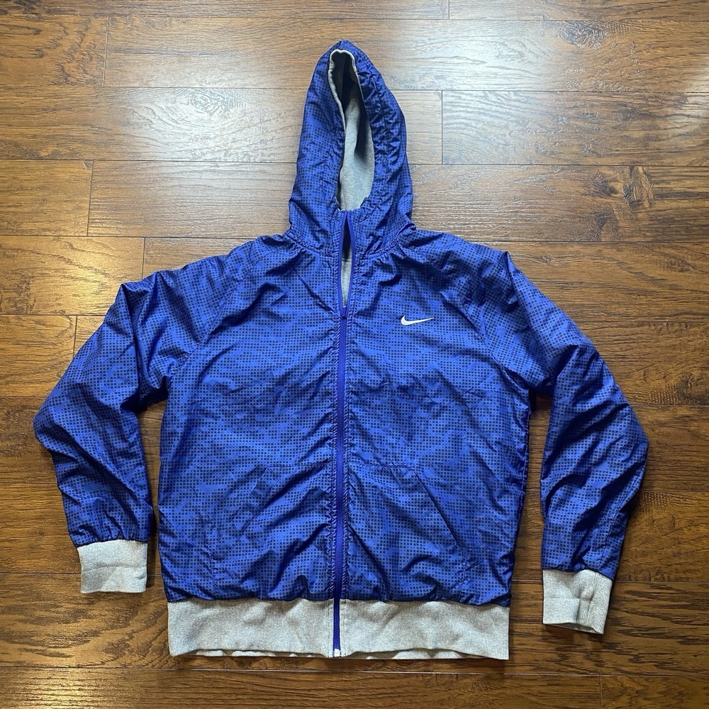 Nike Reversible Full Zip Hoodie Blue Grid Windbreaker‎ Grey Fleece Mens L